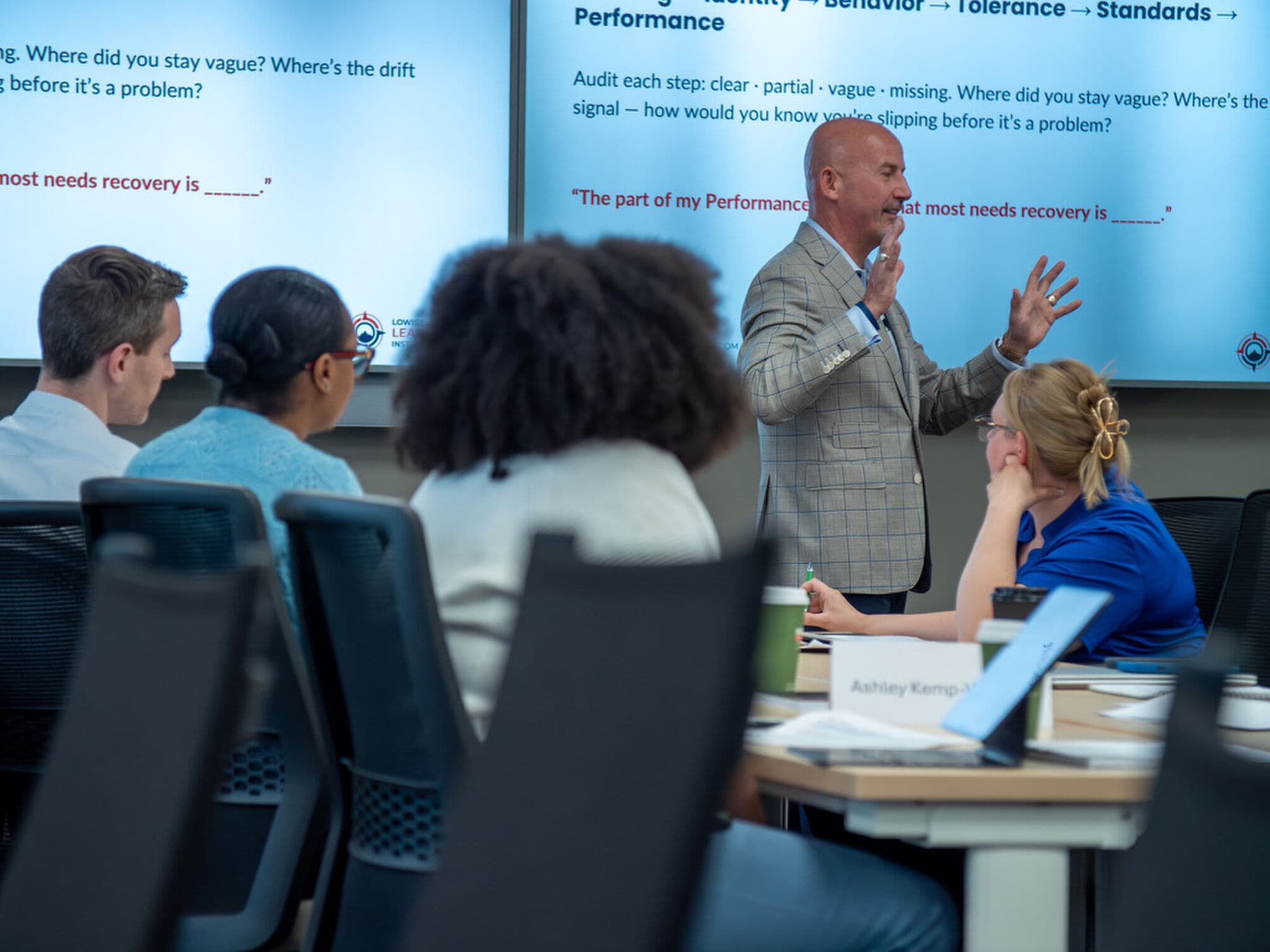 Steve Lowisz reviewing an engagement model with a client team in the boardroom