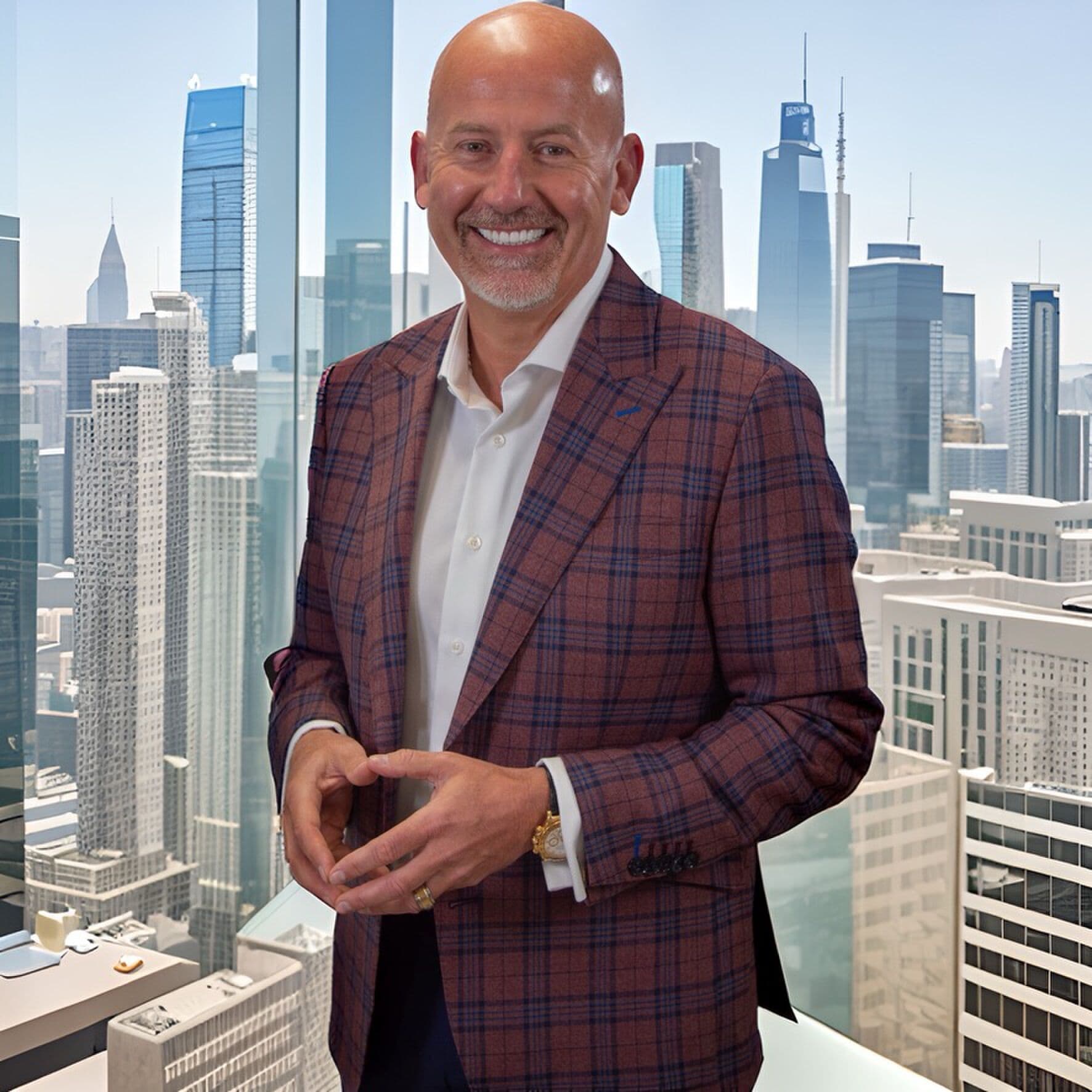 Steve Lowisz standing before a city skyline